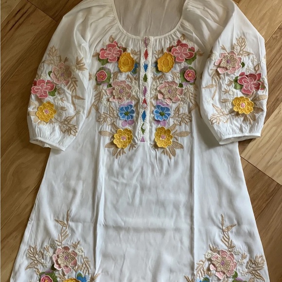 🌸 Gorgeous New Floral Appliqué *Johnny Was Style* Cupro Rayon White Dress & SLIP - Picture 3 of 8